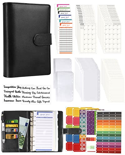 A6 Binder Budget Planner Notizbuch - 89pcs Leder Ringbuchordner Set, 6 Löcher Loseblatt Notebook Ordner Geld Sparen Mappe mit Budgetkarte/Kalender Karte/PVC Tasche/Refill Paper/Etikettenaufklebern