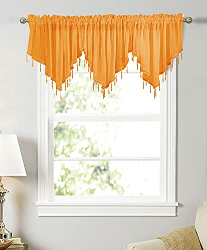 Devola Dreieckiger querbehang Gardine Spitze Scheibengardinen modern transparent Kurzer Vorhang mit hängenden Kristallperlen Küchenfenster Volant heimdekorationen Panneaux BxH 130x60cm Orange 1 Stück
