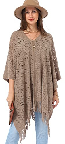 Soul Young Knitted Poncho Sweater for Women Ladies Pullover Wraps Cozy Topper Shawl Cape(One Size,Khaki)