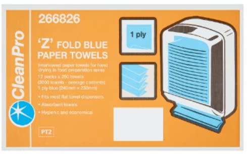 CleanPro Papierhandtücher, Z-Falz, Blau, 1-lagig, 12 Packungen x 250 Blatt, 1 Packung