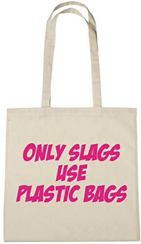 lolmugs Only Slags Use Plastic Bags 100% Cotton 38x42cm Tote Bag, Funny Secret Santa Gifts for Women Her Work Stocking Fillers for Wife Friends