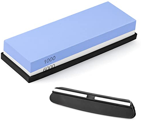 Piedra Afilar Cuchillos 2 en 1 Piedras de Afilar de Doble Cara con Grano 1000/6000, Soporte de Silicona antideslizante y guía de ángulo, Afilador Cuchillos Profesional
