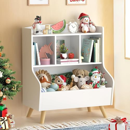 Curipeer Kids Bookshelf and Toy Storage, 3-Tier Wooden Open Bookcase, Baby Book and Toy Storage Display Organizer with Spacious Top Shelf Children, Friends, Family, White