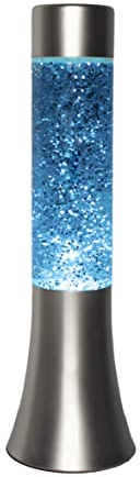 Fisura - Lámpara de lava azul purpurina. Lámpara de lava de 30 cm con base cromada, líquido azul y purpurina. 9 x 9 x 30 cm.