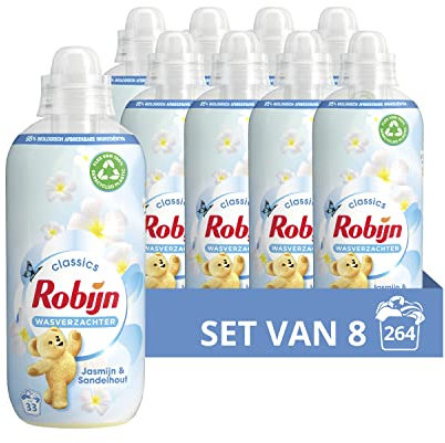 Robijn Classics Jasmine & Sandelträ Tvättmjukgörare för underbart mjuk tvätt – 8 x 33 tvättar – ekonomipack