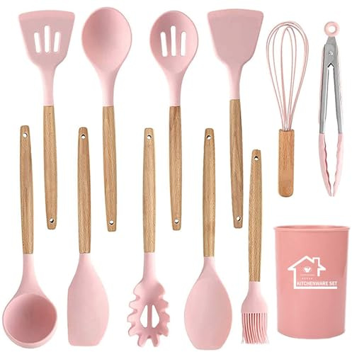 Kitchen Utensils Set, 12Pcs Silicone Cooking Utensils Set, Silicone Utensils Set, Cooking Tools Turner Tongs Nonstick Spatula Spoon for Nonstick Heat Resistant Cookware, Pink
