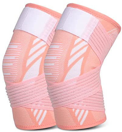Kniebandage für Damen Männer 2 Stück Kniestütze mit Verstellbaren Trägern und Anti Rutsch Silikon für Sport, Laufen, Arthritis, Gelenkschmerzen, Bandverletzung, Meniskusriss, Tendonitis (Rosa, L)