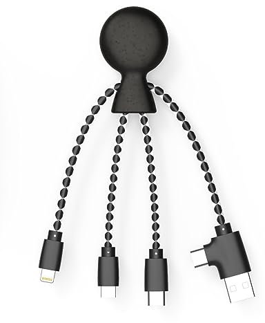Xoopar - Câble Multi USB 4 en 1 en Forme de Pieuvre - Chargeur Universel en Plastique Recyclé - Prise USB, USB-C, Lightning, Micro USB - Compatible avec tous les Smartphone - Mr Bio Noir