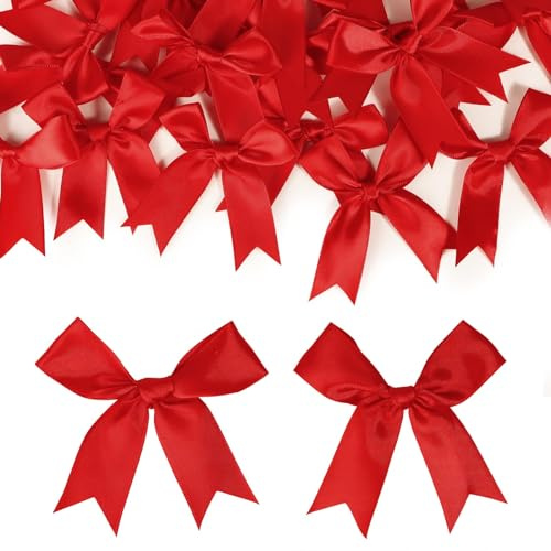 COLOFALLA 50PCS Nœuds de Ruban Rouge de Noël Arcs de Noël Ruban Nœuds Papillons Rouge Decoration de Noël pour Sapin de Noël Emballage Cadeau Guirlande Mariage