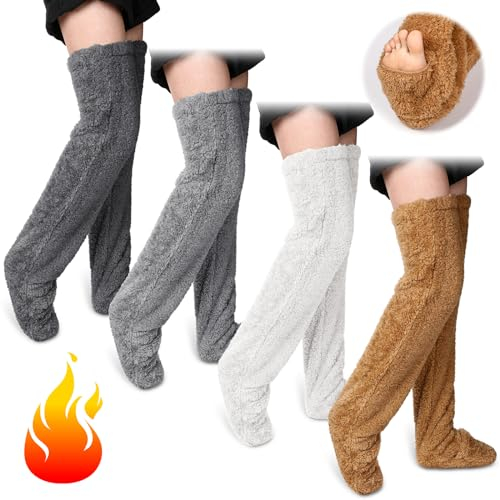 Twistover 4 Paar gemütliche Overknee-Socken, flauschige Socken, pelzige Beinstulpen, flauschige hohe Socken, Winter, Plüsch, Hausschuhstrümpfe für Damen, Helle Farbe/Khaki, Hellgrau, Dunkelgrau, Weiß,