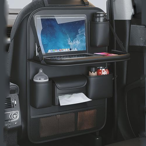 DURASIKO Car Backseat Organizer with Foldable Table Tray,Car Seat Back Protector with Touch Screen Phone Holder,Premium PU Leather Material,Compatible with Most Vehicles,Inner Car Accessories