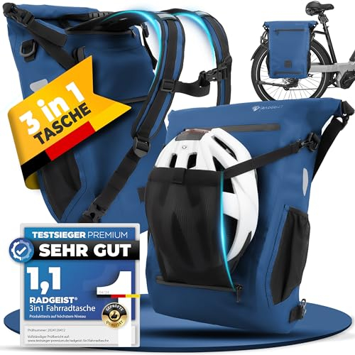 RADGEIST 3in1 Fahrradtasche für Gepäckträger I Gepäckträgertasche, Rucksack & Umhängetasche 18-22L I Tasche für Fahrrad 100% wasserdicht Blau