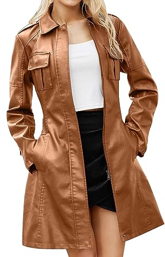 GULASISI Veste en cuir de longueur moyenne pour femme - Trench-coat à col ouvert britannique de mode - Veste d'hiver pour femme en cuir résistant au vent pour l'automne et l'hiver avec ceinture/Taille