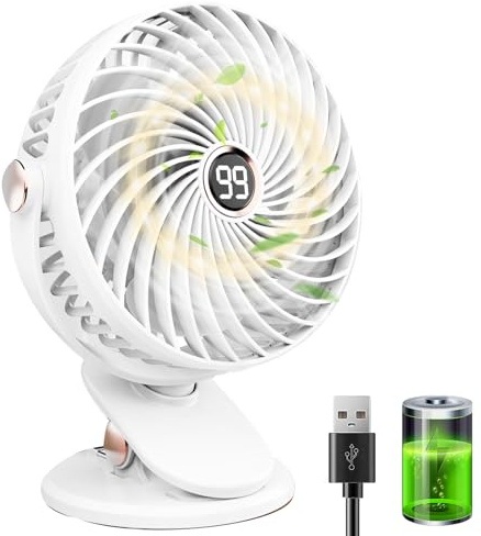 Schreibtischventilator, Mini-Ventilator, USB, leise, mit LCD-Display, 6000 mAh, kleiner Ventilator, tragbar, wiederaufladbar, 5 Geschwindigkeitsstufen, 720 ° Rotation, Klemmventilator, für Büro, Haus