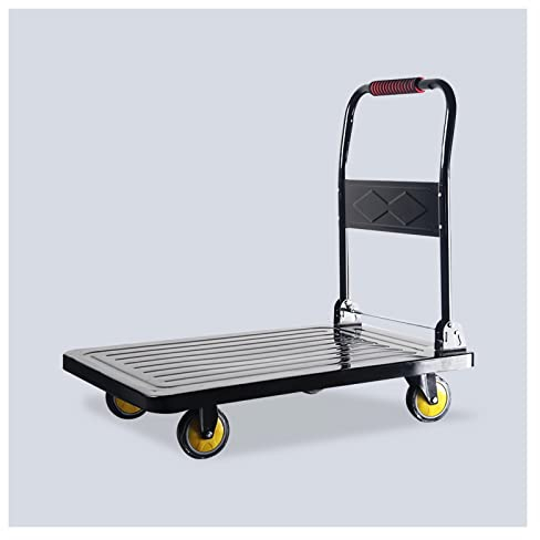 Flachbett-Handwagen, Metall-Plattformwagen mit 360-Grad-Schwenkrädern und klappbarem Griff für den Transport von Eisengegenständen, große Tragfähigkeit, Schubwagen, robuster Flachbettwagen (