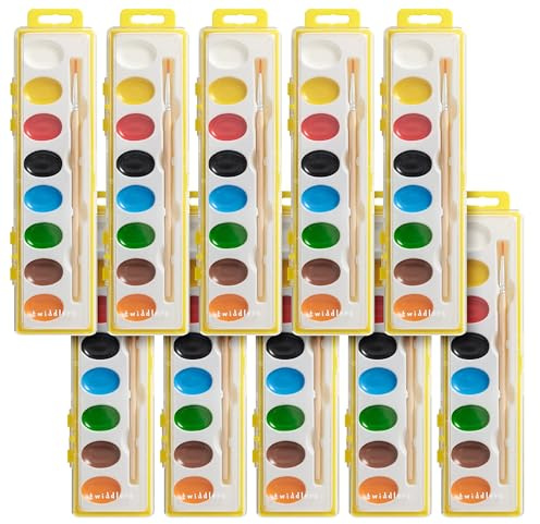 THE TWIDDLERS - 10 Aquarellfarben-Palettensets, einzelne Etuis mit Holzpinsel und 8 leuchtenden Farben, nur Wasser hinzufügen, abwaschbar - Partytütenfüller für Kinder, Geschenke fürs Klassenzimmer