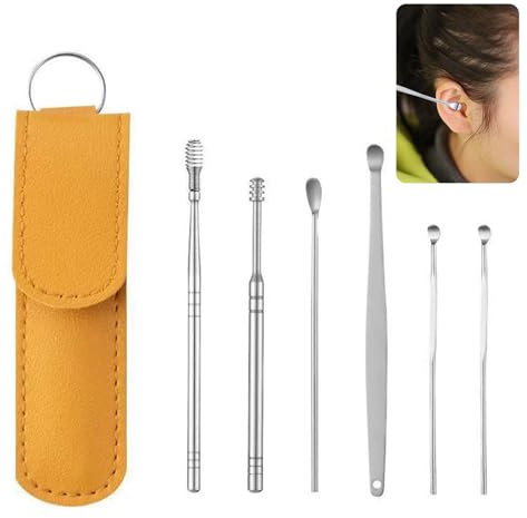 SSKHE Ear Wax Remover,6 Pcs Premium Stainless Steel Ear Wax Removal Kit Ear Curette Ear Cleaner Tools for Children and Adult Earwax Removal Kit Cleaning Kit with Portable Bag(Yellow, 1 Piece)