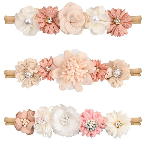 3 Pcs Haarband Baby Mädchen 0-3 Jahre, 3 Styles Stirnband Kinder mit Blumen Spitze Perle, Stretchy Nylon Haarreifen Mädchen, Stirnbänder Neugeboren, Haarreif Blumen, Haarbänder Weich Party Fotografie