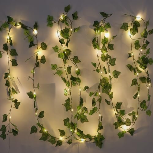 Fake Plants Artificial Plants, 13FT/4M Artificial Green Leaves with 20 LED Fairy Lights Vine Hanging Garland Hanging for Home Wall Garden Kitchen Office Wedding Decor - 2× 6.5FT