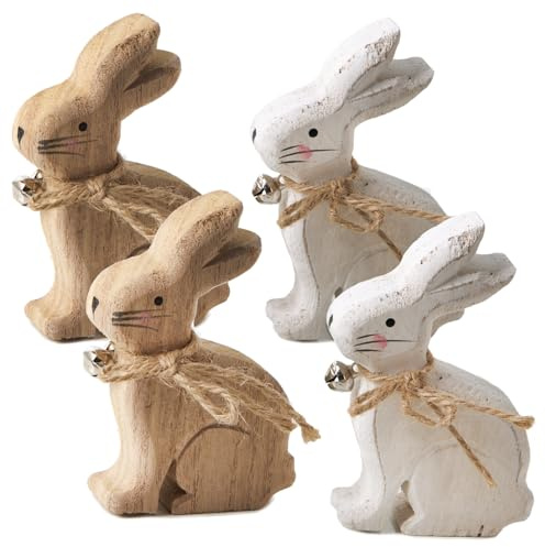Logbuch-Verlag 4 trä påskhare bruna vita träkaniner set liten present till påsk, trädekoration natur 10 cm