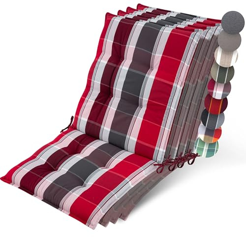 Beautissu 4er Set Premium Niedriglehner Auflage Gartenstuhl rutschfest | 100x50cm 8cm dick Rot-Anthrazit gestreift robust Polster Befestigungsbänder UV-Lichtechtheit 5 Gartenstuhlauflage Sun-NL