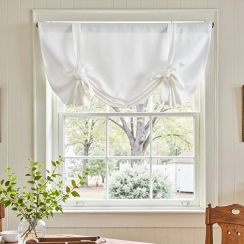 TOPICK Weiß 1er Set 137H x 107B cm Scheibengardine mit Knotenvorhang Landhausstil Kurz Blickdicht Leinenoptik Gardine Gaze Schals Lichtfilterung für Kleine Fenster Wohnmobil