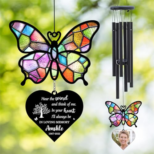 Personalised In Loving Memory Memorial Wind Chimes Custom Name Date Photo Butterfly Suncatcher Wind Chimes Sympathy Gifts For Commemorate The Loss Of Grandma Grandpa (style 1)