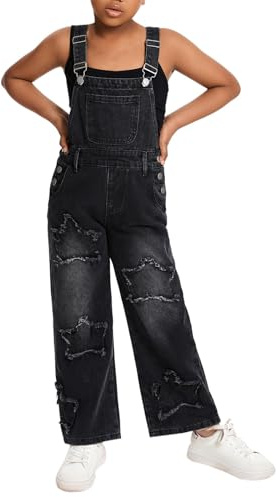 Salopette in jeans da ragazza senza maniche a gamba larga in denim tute per bambini retrò cinturino regolabile jeans larghi con tasche salopette casual leggere, Nero , 9-10 Anni