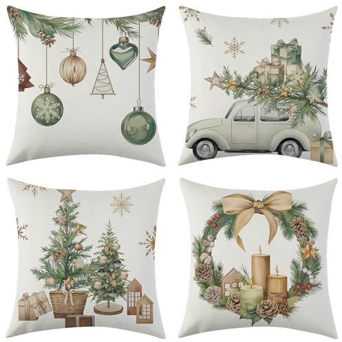 Zierkissenbezüge 4 Stück kissenbezug weihnachten,Kissenbezug Frohe Weihnachten,Wohnkultur Leinen Dekokissen,Schneeflocke Rentier&Weihnachtsmann Muster,Weihnachten Deko Kissenbezug 40x40cm