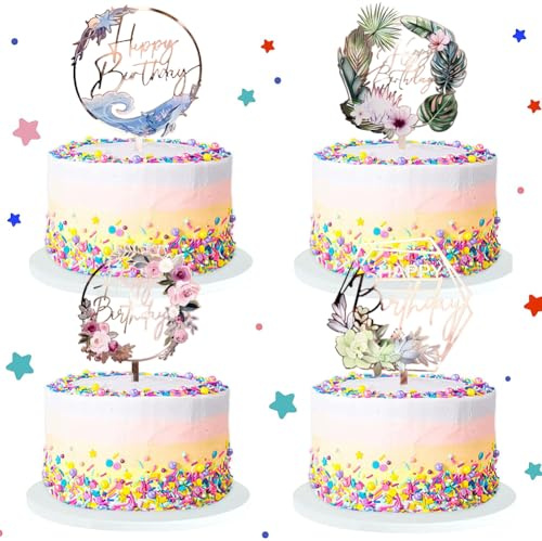 4 Pcs Flowers Cake Toppers, Rose Flower Cake Decorations, Flowers Happy Birthday Cake Topper, Acrylic Cake Toppers for DIY Wedding Birthday Valentine's Day Party Cake Decorations Supplies