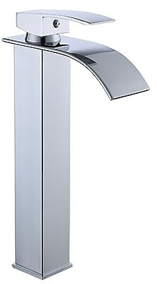 High Rise Badezimmer Waschtischarmatur - Hoher Wasserfall Wasserhahn mit Flacher Auslauf Heiß & Kalt Einhebel Stilvolles Silber-Finish für Moderne Badezimmer