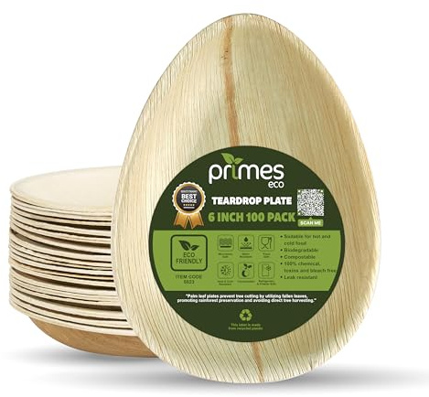 PRIMES ECO Palm Leaf Plates – 100 Pack 15 cm (6) Teardrop/Oval Disposable Dinnerware, Rustic Wood Look, Microwave & Freezer Safe, Areca Leaf Party Plates for Appetisers, Canapés, Desserts