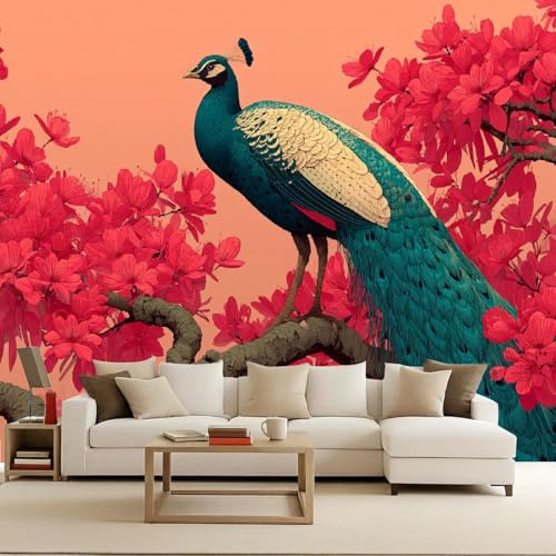 Fotomurales Decorativos Pared Pavo real 500x280 cm Papel Pintado Tejido No Tejido Zen oriental Fotomural 3D Mural Paredes Papel Tapiz Animales y aves Decoración Salón o Dormitorio