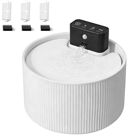 Katzenbrunnen Kabellos mit Bewegungsmelder, 4000mAh Akku 2.2L Trinkbrunnen für Katzen, Ultra-Leise Pumpe & Filter, Mehrfachfiltration, für Katzen & Hunde