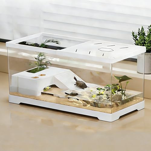 Schildkrötenpanzer Schildkröten-Aquarium mit Sonnenplattform und Bodenablauf, 30 x 18 x 18,5 cm Wassertank für Junge Schildkröten, Flusskrebse, Krabben, Amphibien, Reptilien, weiße Farbe
