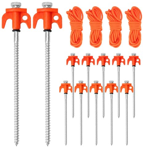 12 Stück Schraubheringe 20cm & 4x4m Zeltleinen | Zeltheringe zum Schrauben für Camping, M-Kopf für Akkuschrauber, sturmfest für Zelt Pavillon Markise, ideal für harten Boden