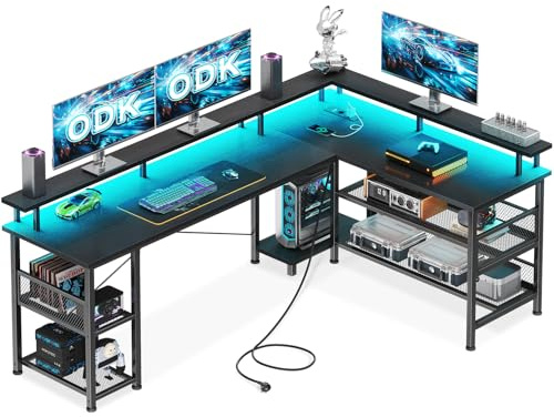 ODK L-format Gaming Skrivbord med LED och Hyllor, 168x120cm, Svart | Reversibelt Hörnskrivbord med Hyllor, USB-port och Eluttag, Gamingbord med Monitorställ