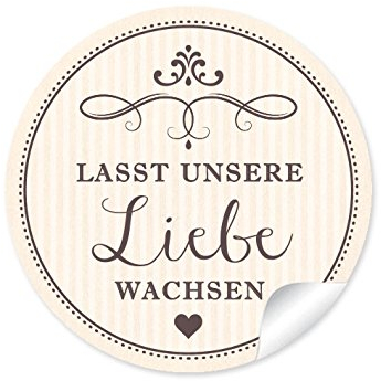 24 STICKER: Lasst unsere Liebe wachsen Etiketten in BEIGE im Vintage-Retro-Style • Für Gastgeschenke zur Hochzeit für Samentüten, blumige & niedliche Blumentöpfe, Reagenzgläser 4 cm, rund, matt