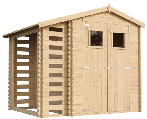 TIMBELA Gartenhaus Holz Mit Brennholzschuppen M386 - Geräteschuppen Holz B272xL206xH218 cm/ 3,53 + 0,97 m2 Lagerschuppen - Fahrradgarage Holz Wasserfestes Dach