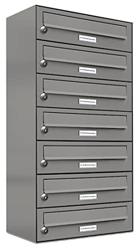 AL Briefkastensysteme 7er Briefkastenanlage Aluminiumgrau RAL 9007, Premium Briefkasten DIN A4, 7 Fach Postkasten modern Aufputz