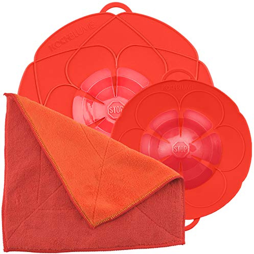 Kochblume Ekonomiset för krukor från 14 till 24 cm med mikrofiberduk som set i den rosa lådan | silikon överkokskydd för krukor och pannor (röd)