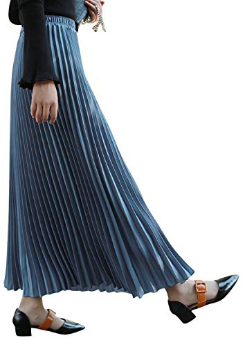 Damen Mädchen Plisseerock in Maxilänge Plissee-Maxirock Elastische Chiffon Langer Faltenrock Elastischer Bund für Frühling Sommer Herbst Rocklänge 90cm Einfarbig