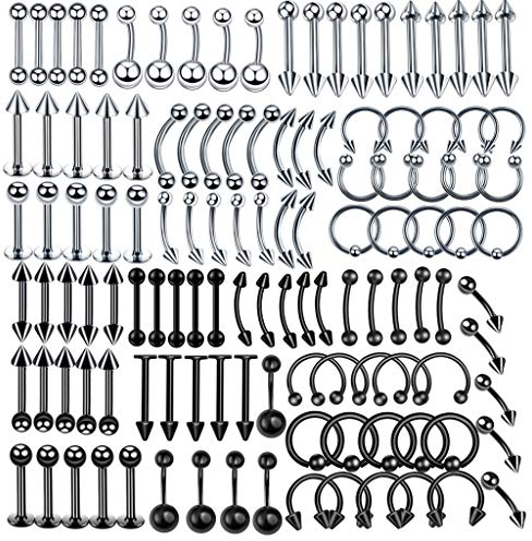 Multi schwarz Edelstahl Piercing Set 120x silber Mix Körperschmuck Studs Barbells Silber Bananabells für Ohr Lippe Nase Zunge Bauchnabel Augenbrauen Nippel Piercing Ring Punk 1.2 * 8mm (8)