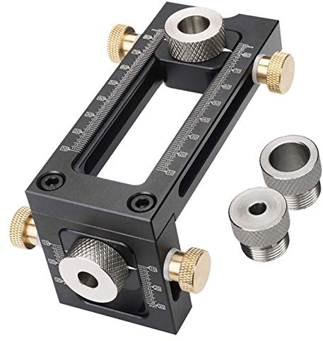 CDIYTOOL Holzbearbeitungsdübelvorrichtung, 2-in-1 verstellbare Taschenlochbohrvorrichtung, Lokalisierer, Dübelbohrerführungsset, 4-Lochbohrung, 6/8/10/12 mm, selbstzentrierende Dübelvorrichtung