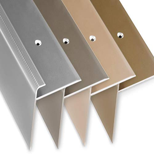 Profilo per bordi per gradini di sicurezza, forma a F, profilo paragradino per scale, per pavimenti con altezza di 7-8 mm, con Materiale di montaggio. Lunghezza: 90 cm. Altezza: 53 mm, Argento