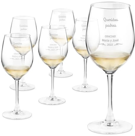 Maverton Set de 6 Copas de Vino Personalizadas 350ml - Vidrio Transparente con Grabado - Regalos de Parejas Aniversario Boda Regalos Originales para Hombre y Mujer - Gracias
