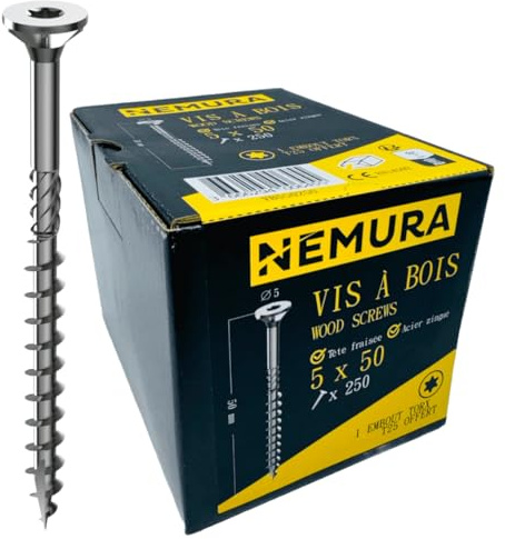 Nemura Lot de 500 Vis à Bois 5 x 50 mm - en Acier Zingué à Tête Fraisée - vis à bois Torx - Visses Spéciales pour Bois et Aggloméré- Haute Qualité Durable - Marque Francaise
