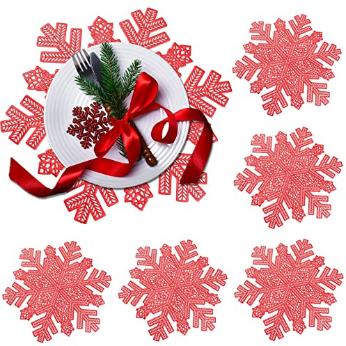 6er Platzsets Schneeflocken-tischset, QeeFop PVC Weihnachten Platzset Tischmatte Schneeflocke Hohles Tischset für Weihnachten, Geburtstag, Hochzeit Bankett Waschbar Wärmedämmung Platz-Matten (Rot)