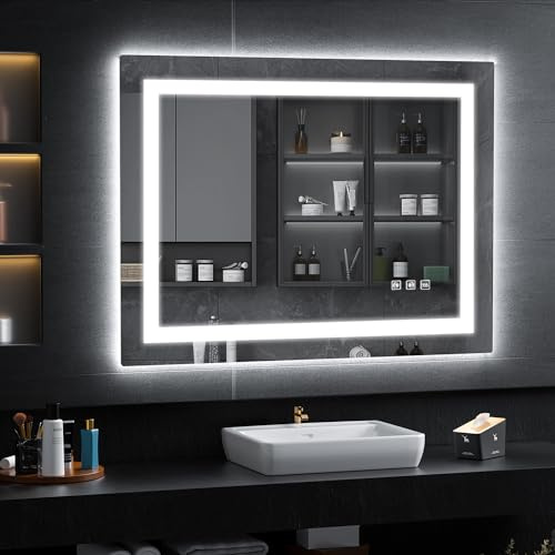 SHUAFA LED Mirror for Bathroom, 40x32 Inch Backlit + Front Lighted Bathroom Vanity Mirror with Lights for Wall, Double Light Strips, 3 Colors, Shatter-Proof, Anti-Fog and Brightness Memory