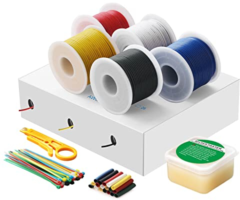 Elektrischer Draht,Silikonkabel,Litzendraht-HuLuWa 0,50mm² 20AWG Verzinnte Kupferdraht,5 Farbe Spule (5 x 7 Meter) Inklusive Lötpaste und anderem Zubehör Für DIY Lampen Haushaltsgeräte usw